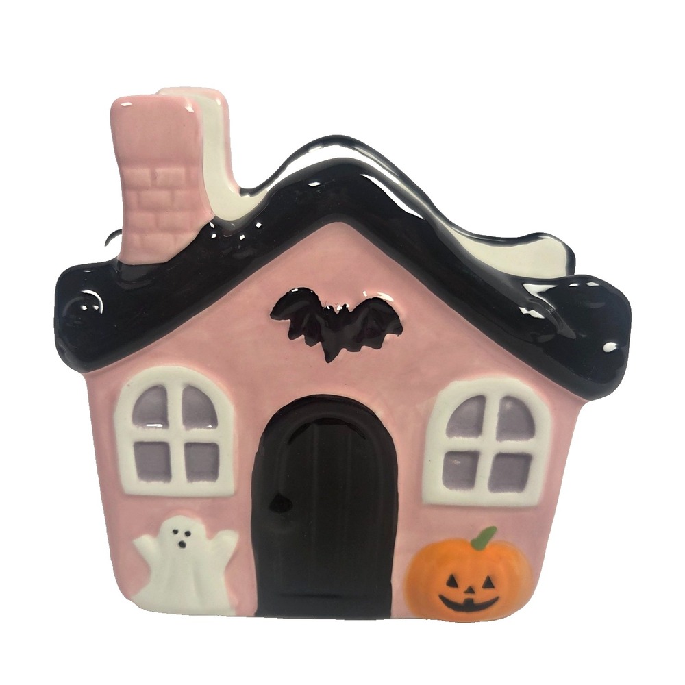 Pink Haunted House Napkin Holder Ghost Pumpkin Bat Halloween Ceramic Decor New